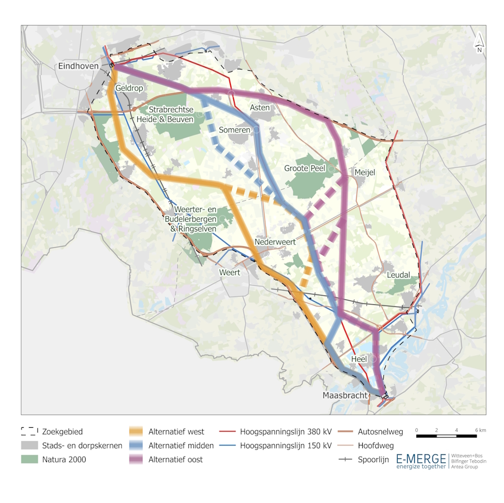 Plattegrond mogelijke routes bekend voor hoogspanningslijn Maasbracht – Eindhoven