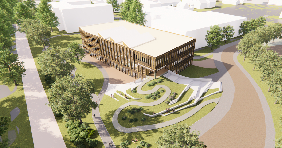 Een impressie van de nieuwbouw van het Buurtcollege. Het ontwerp is gemaakt door architectenbureau GAJ